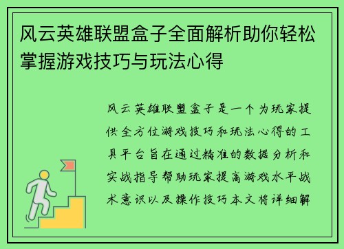 风云英雄联盟盒子全面解析助你轻松掌握游戏技巧与玩法心得