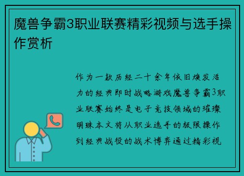 魔兽争霸3职业联赛精彩视频与选手操作赏析