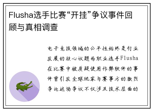 Flusha选手比赛“开挂”争议事件回顾与真相调查