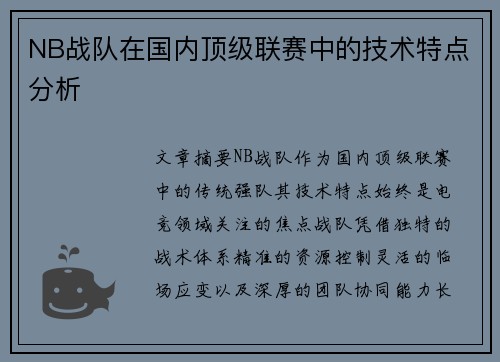 NB战队在国内顶级联赛中的技术特点分析