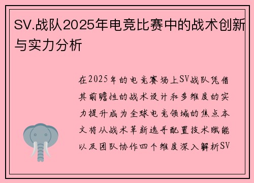 SV.战队2025年电竞比赛中的战术创新与实力分析